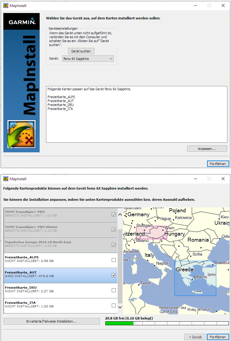 Transfer of the leisure map to the Fenix with MapInstal